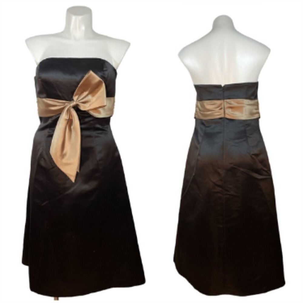 Bill Levkoff Black Strapless Knee Length Dress with Gold Sash Bow (altered)